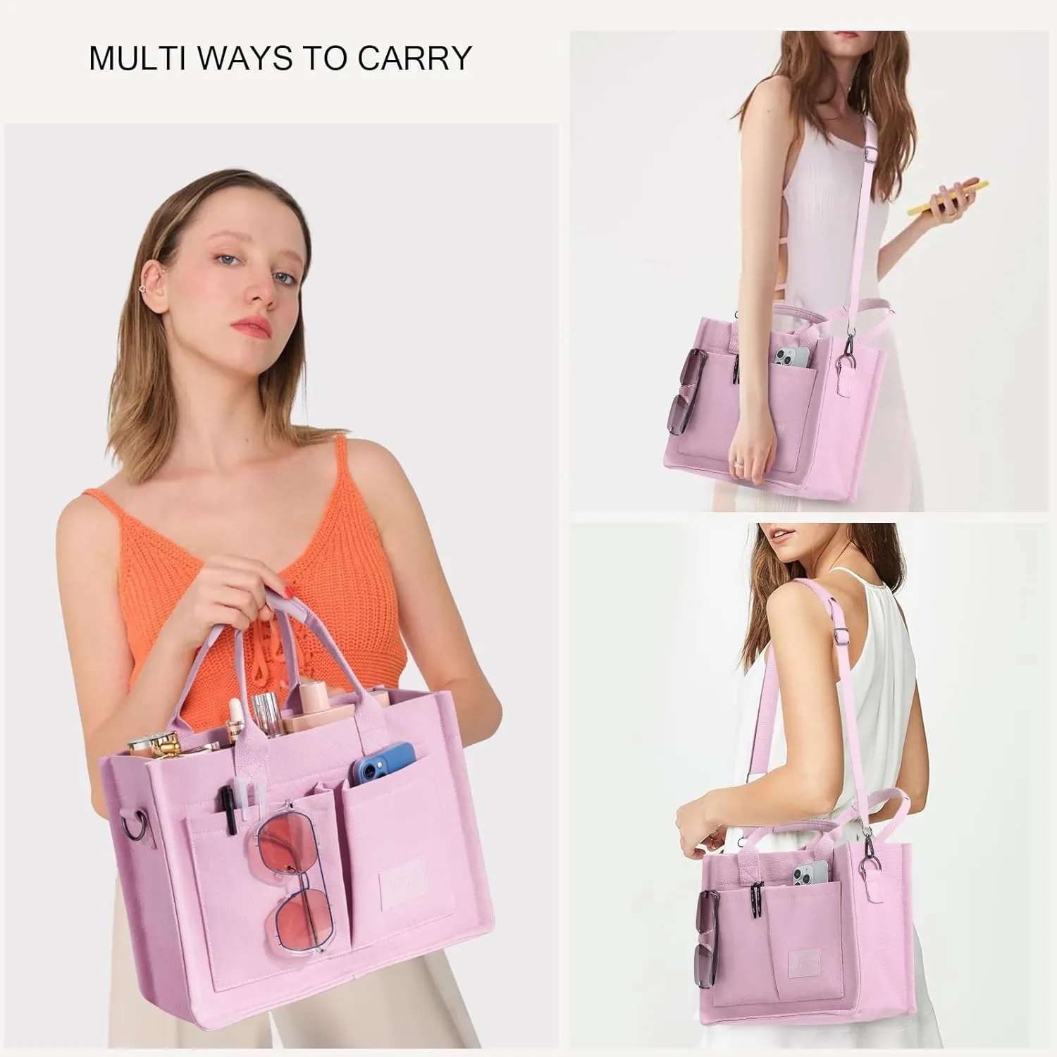 Canvas Tote Bags with Pockets - Women's Everyday Satchel Handbag