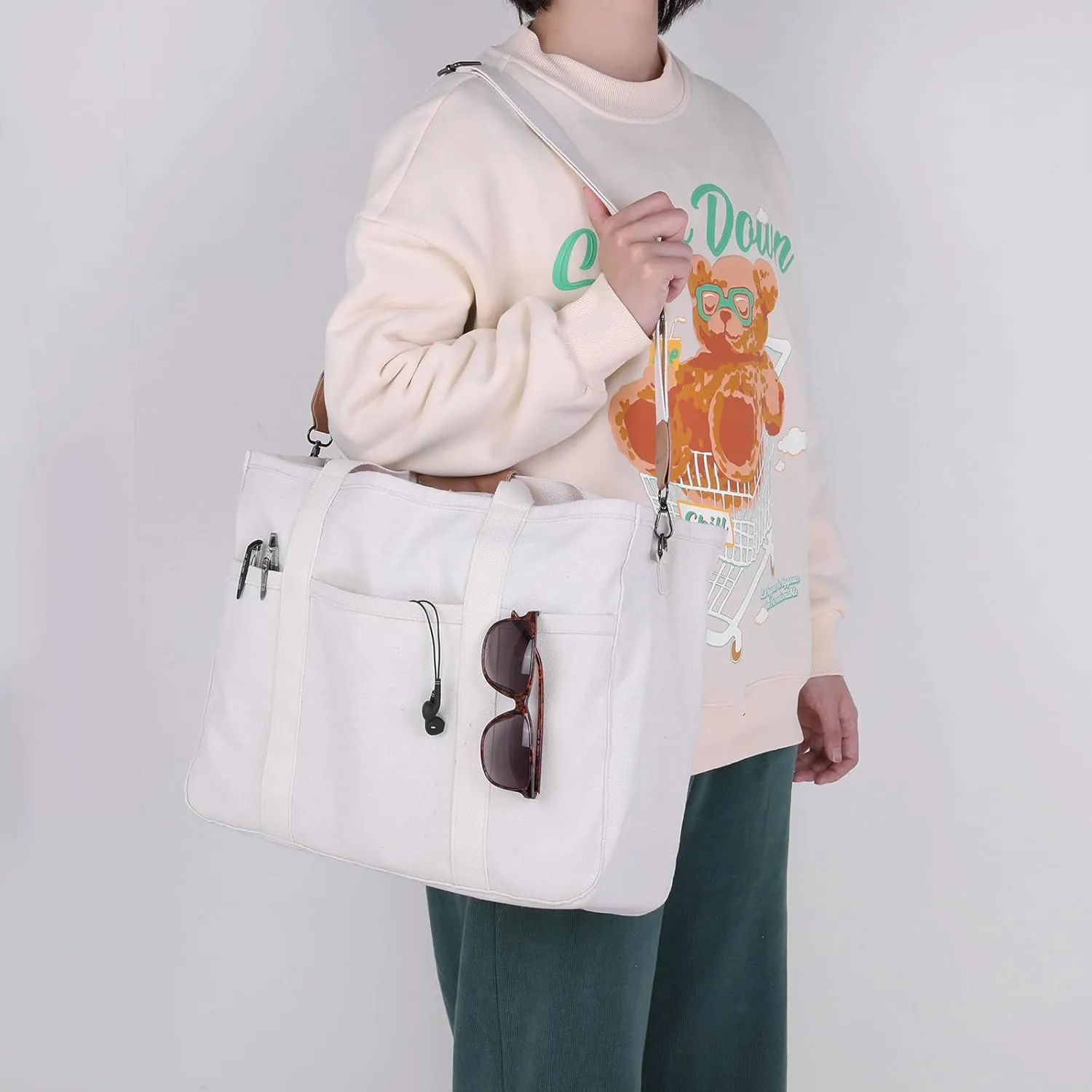 Canvas Tote With Multi Pockets for Women - Handbag, Mommy Bag, Casual Shoulder Crossbody With Compartments