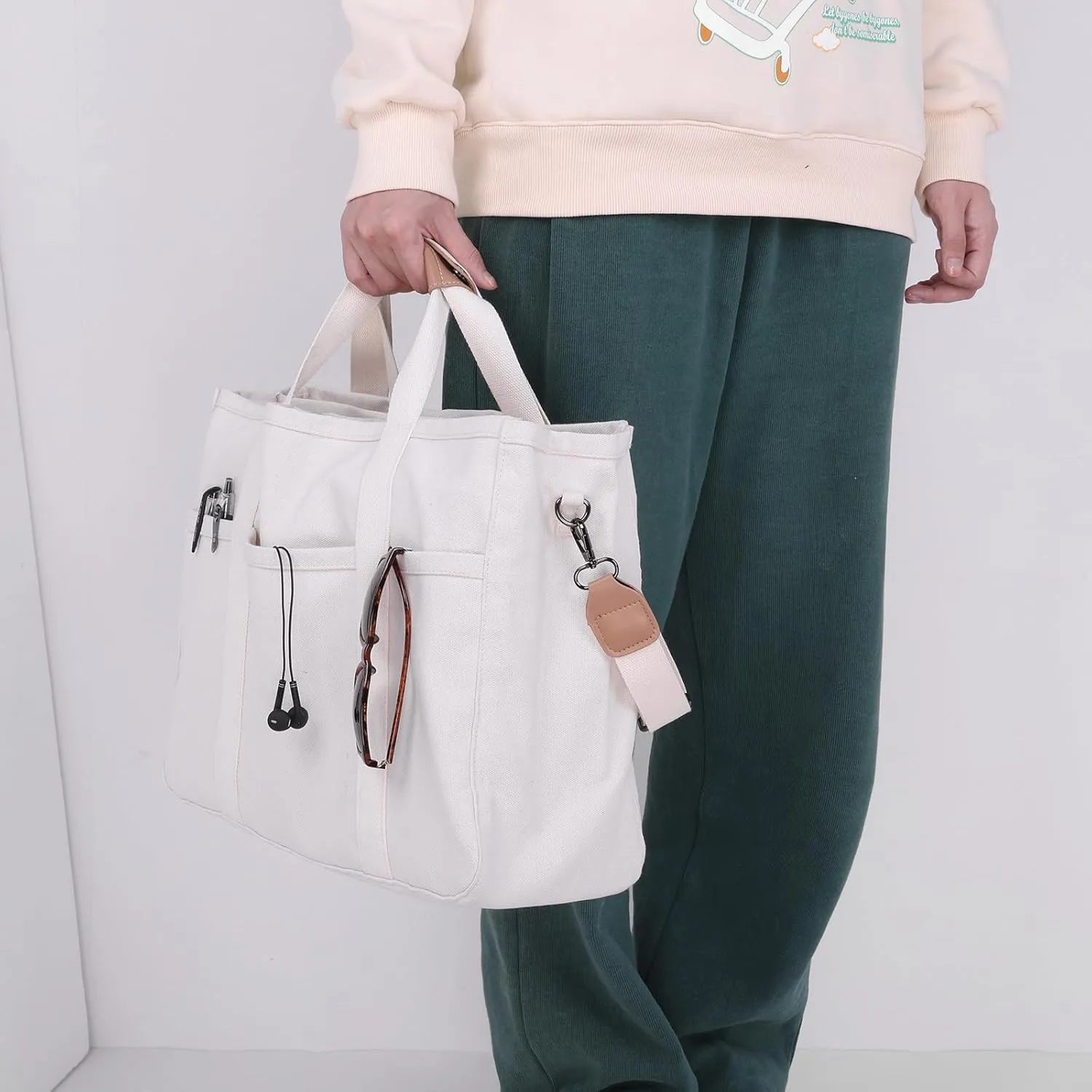 Canvas Tote With Multi Pockets for Women - Handbag, Mommy Bag, Casual Shoulder Crossbody With Compartments