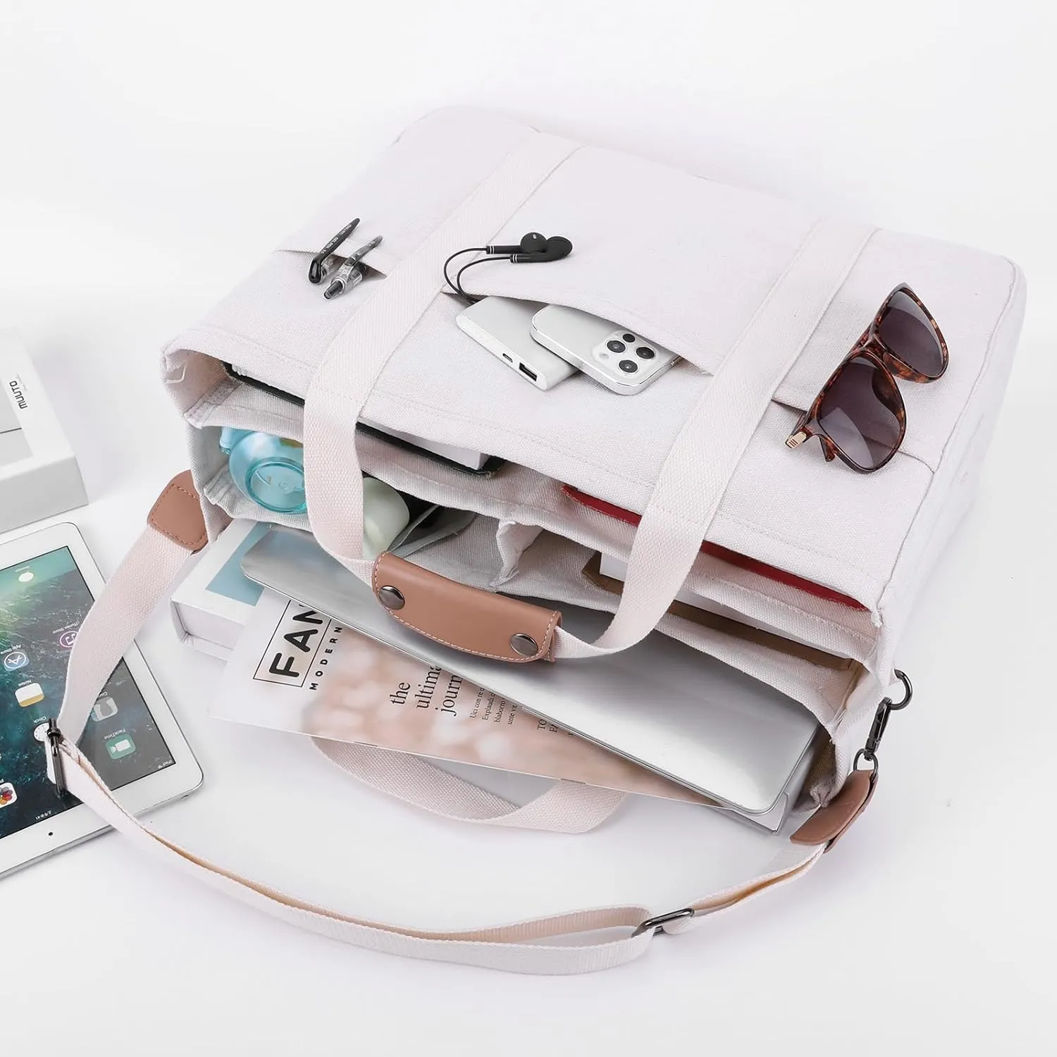 Canvas Tote With Multi Pockets for Women - Handbag, Mommy Bag, Casual Shoulder Crossbody With Compartments