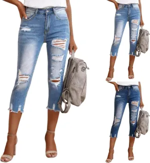 Capri Jeans for Women Stretch High Waisted Distressed Denim Capris Light Wash Ripped Skinny Cropped Jeans Streetwear