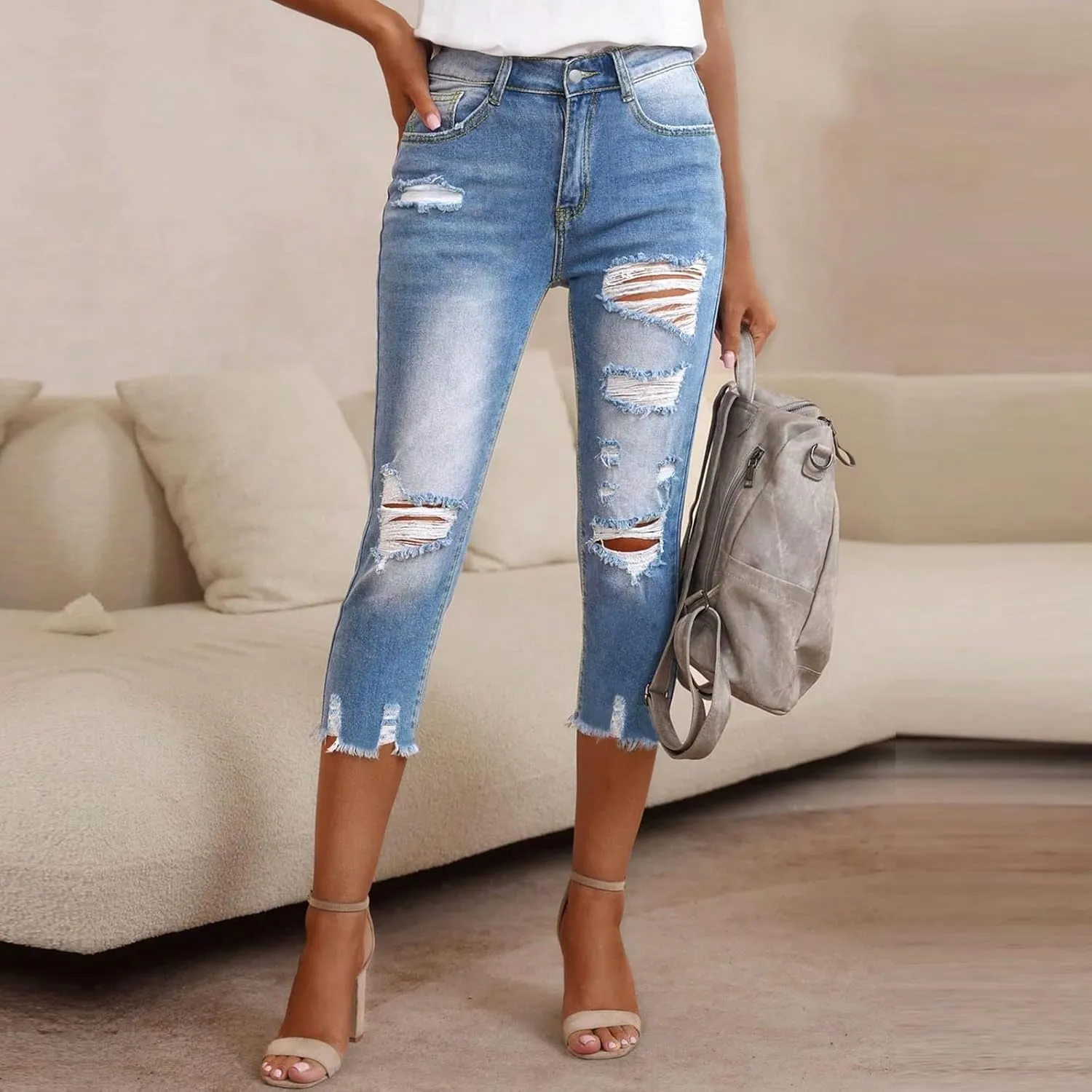 Capri Jeans for Women Stretch High Waisted Distressed Denim Capris Light Wash Ripped Skinny Cropped Jeans Streetwear