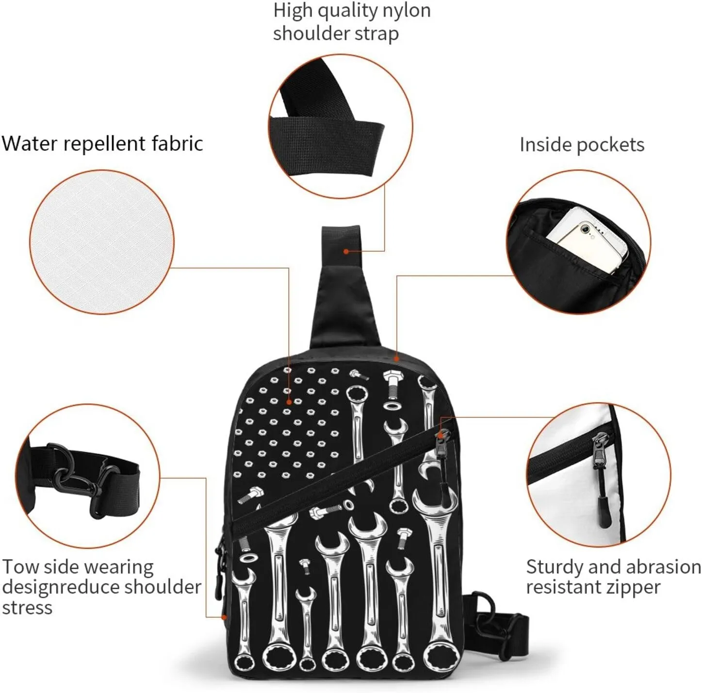 Car Mechanic American Flag Portable Sling Bags Packable Crossbody Bag Foldable Sport Daypack Reusable Shoulder Backpack Diagonally Chest Bag for Workout Travel