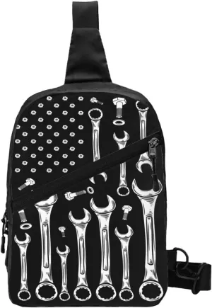 Car Mechanic American Flag Portable Sling Bags Packable Crossbody Bag Foldable Sport Daypack Reusable Shoulder Backpack Diagonally Chest Bag for Workout Travel