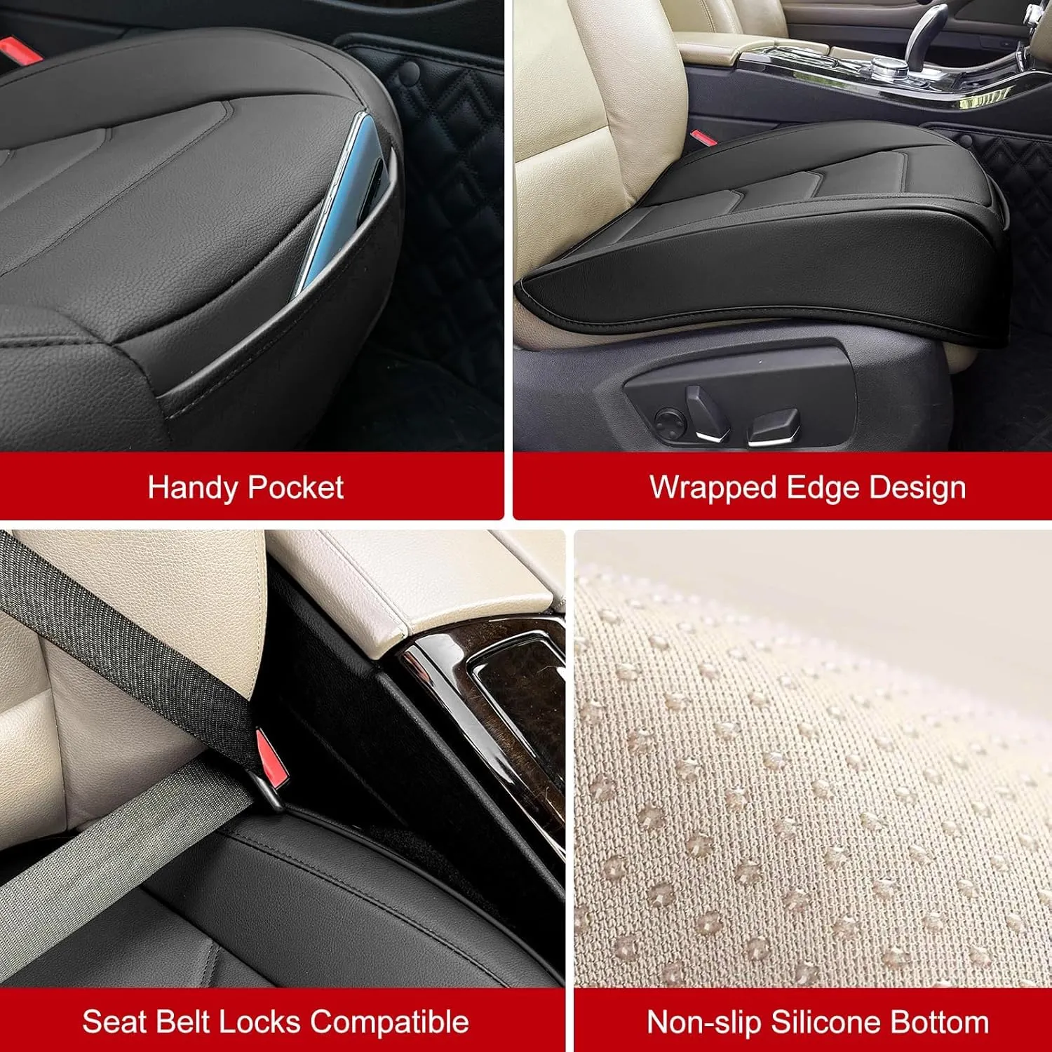 Car Seat Cover for Luxury & Comfort - PU Leather, Anti-Slip, Full Wrap Protection with Storage Pocket for Bottom Cushion - Universal Fit for 95% of Vehicles (Black,2 Piece)