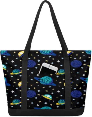 Cartoon Spacecraft Tote Bag for Women Work Canvas Travel Tote Bags with Zipper Large Capacity Casual Handbag with Inner Pockets Reusable Shopping Shoulder Bag for Teacher Nurse