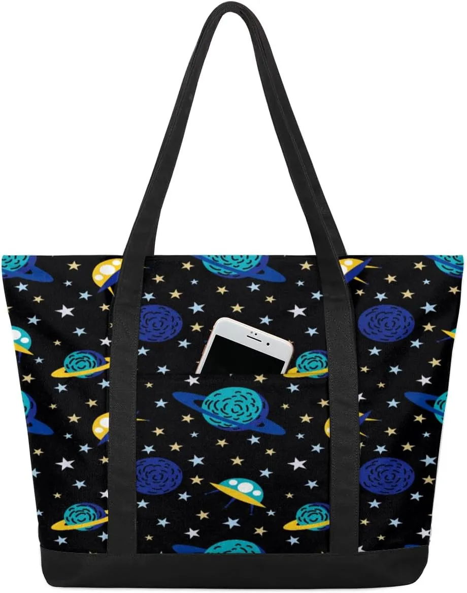 Cartoon Spacecraft Tote Bag for Women Work Canvas Travel Tote Bags with Zipper Large Capacity Casual Handbag with Inner Pockets Reusable Shopping Shoulder Bag for Teacher Nurse