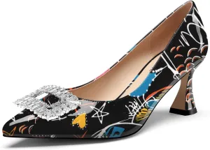 Castamere Womens Mid Heel Pointed Toe Slip-on Rhinestone Crystal Pumps Wedding Prom Patent Leather 2.6 Inches Heels