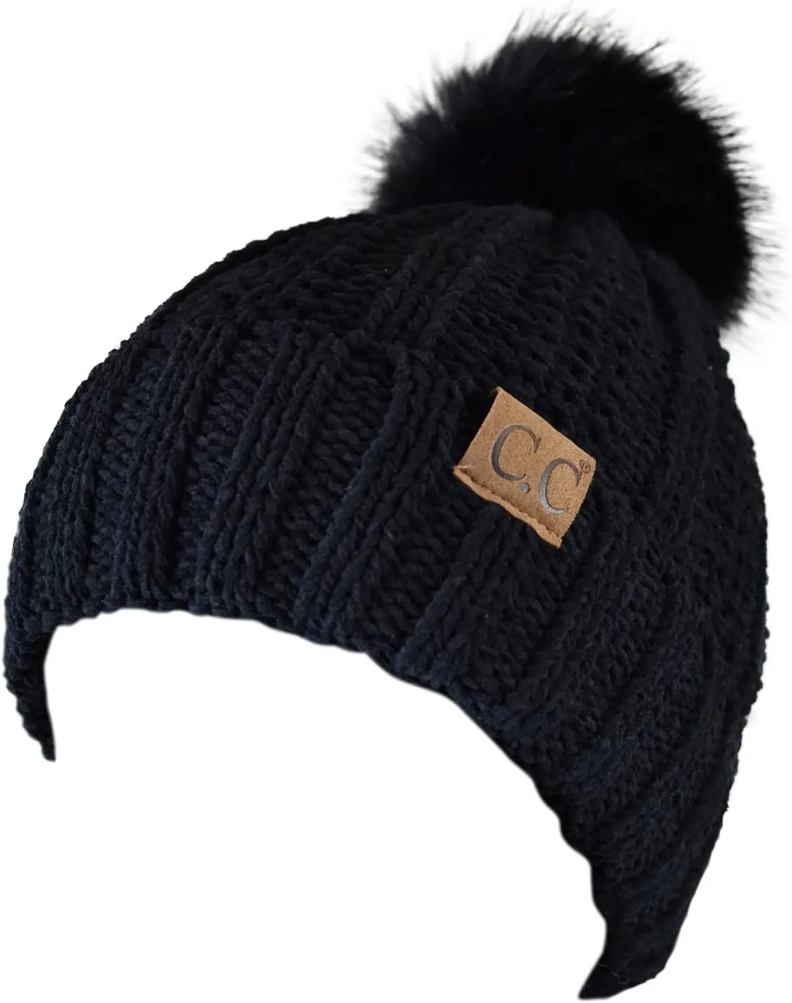 C.C Thick Cable Knit Faux Fuzzy Fur Pom Fleece Lined Skull Cap Cuff Beanie