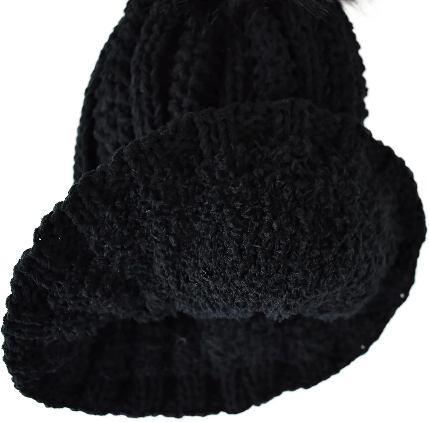 C.C Thick Cable Knit Faux Fuzzy Fur Pom Fleece Lined Skull Cap Cuff Beanie