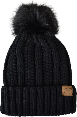 C.C Thick Cable Knit Faux Fuzzy Fur Pom Fleece Lined Skull Cap Cuff Beanie