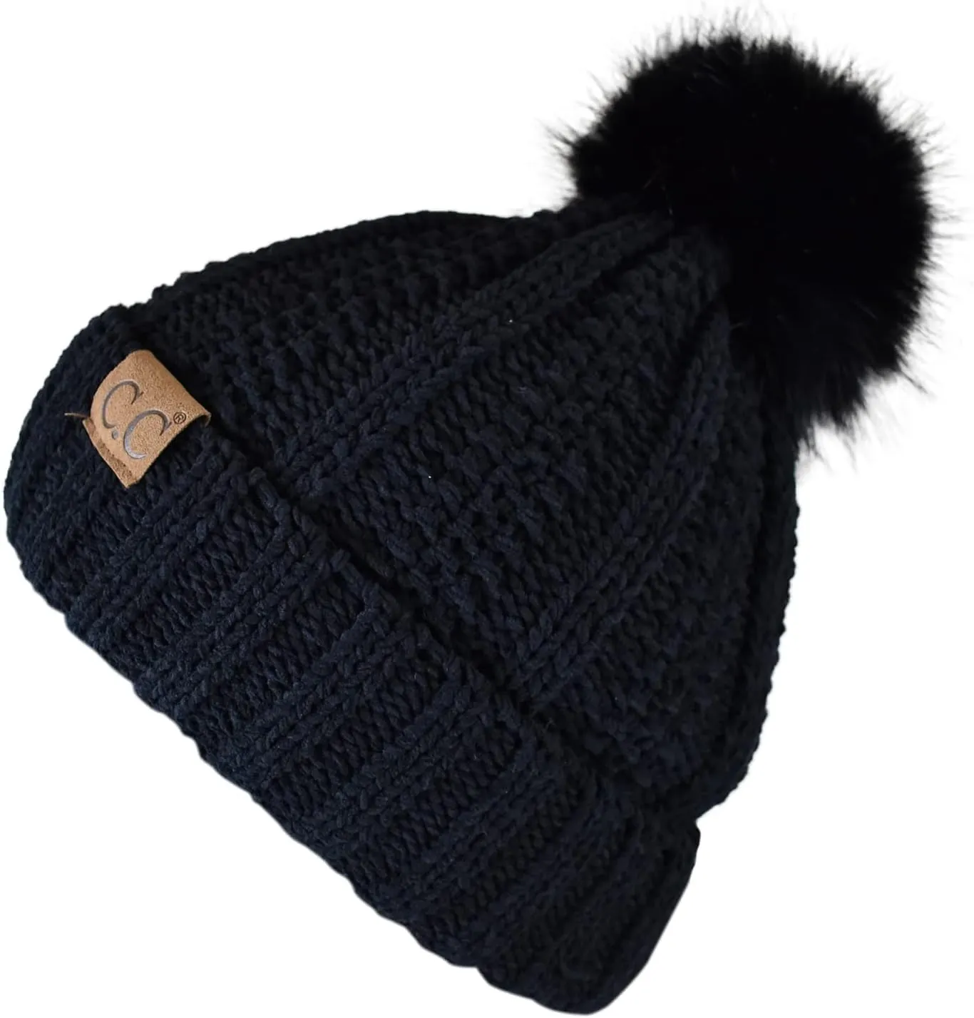 C.C Thick Cable Knit Faux Fuzzy Fur Pom Fleece Lined Skull Cap Cuff Beanie