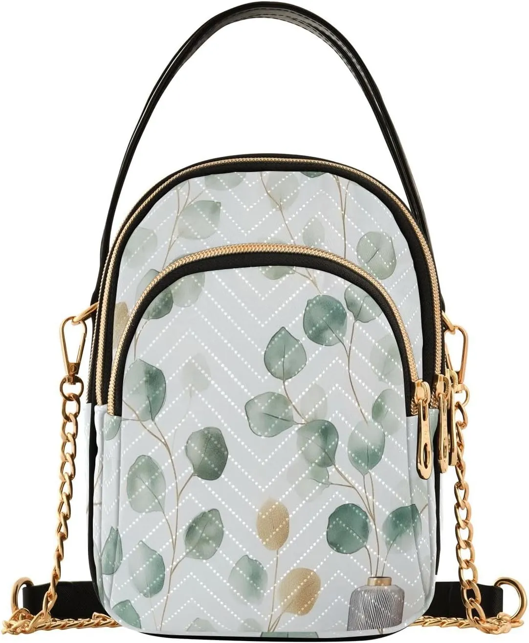 Chain Crossbody Bags for Women Botanical Eucalyptus Leaves Yellow Sage Green Quilted Shoulder Handbags Travel Cross Body Cell Phone Purses Bags