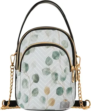 Chain Crossbody Bags for Women Botanical Eucalyptus Leaves Yellow Sage Green Quilted Shoulder Handbags Travel Cross Body Cell Phone Purses Bags