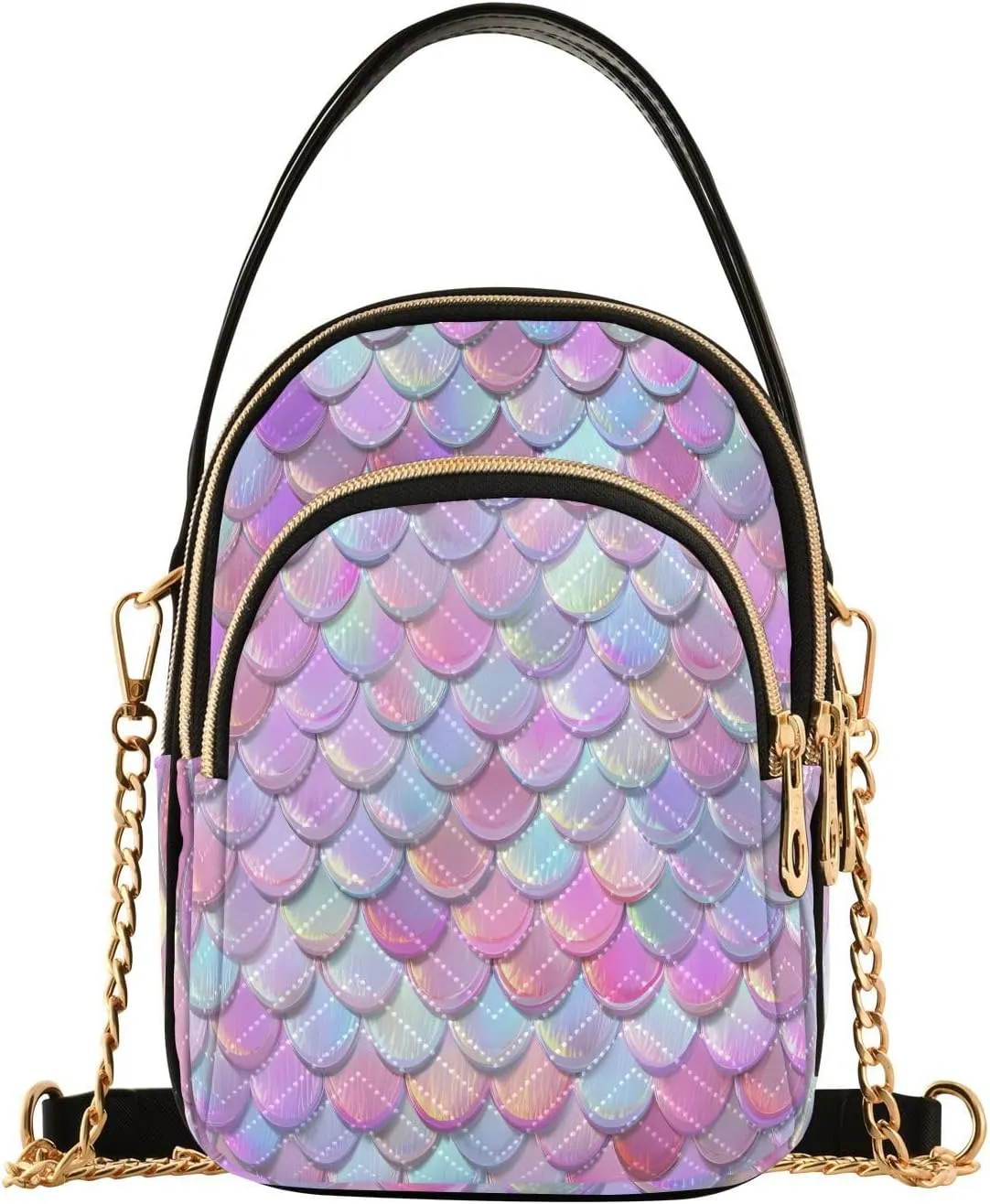 Chain Crossbody Bags for Women Colorful Fish Scale Pattern Purple Pink Quilted Shoulder Handbags Travel Cross Body Cell Phone Purses Bags