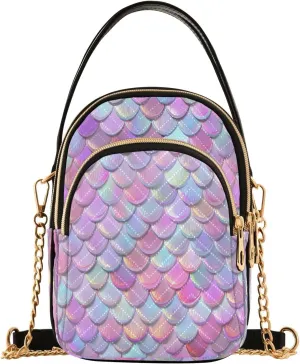 Chain Crossbody Bags for Women Colorful Fish Scale Pattern Purple Pink Quilted Shoulder Handbags Travel Cross Body Cell Phone Purses Bags