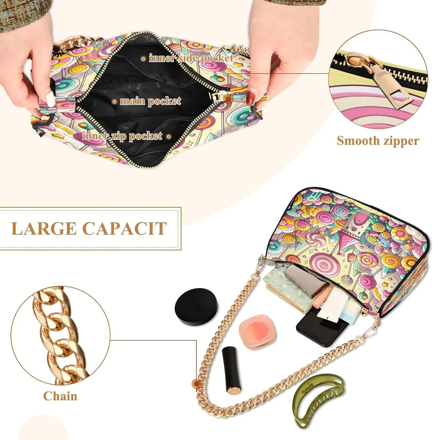 Chain Shoulder Bag Hobo Tote Handbag Mini Clutch Purse with Zipper Closure for Women