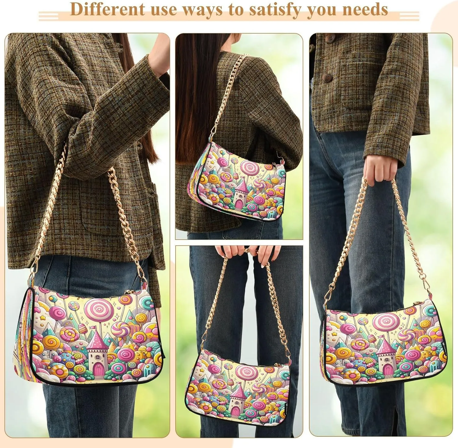 Chain Shoulder Bag Hobo Tote Handbag Mini Clutch Purse with Zipper Closure for Women