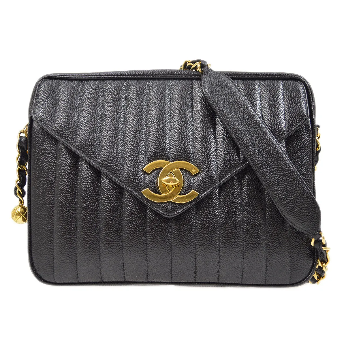 CHANEL 1994-1996 Black Caviar Vertical Pocket Camera Bag Jumbo 43917