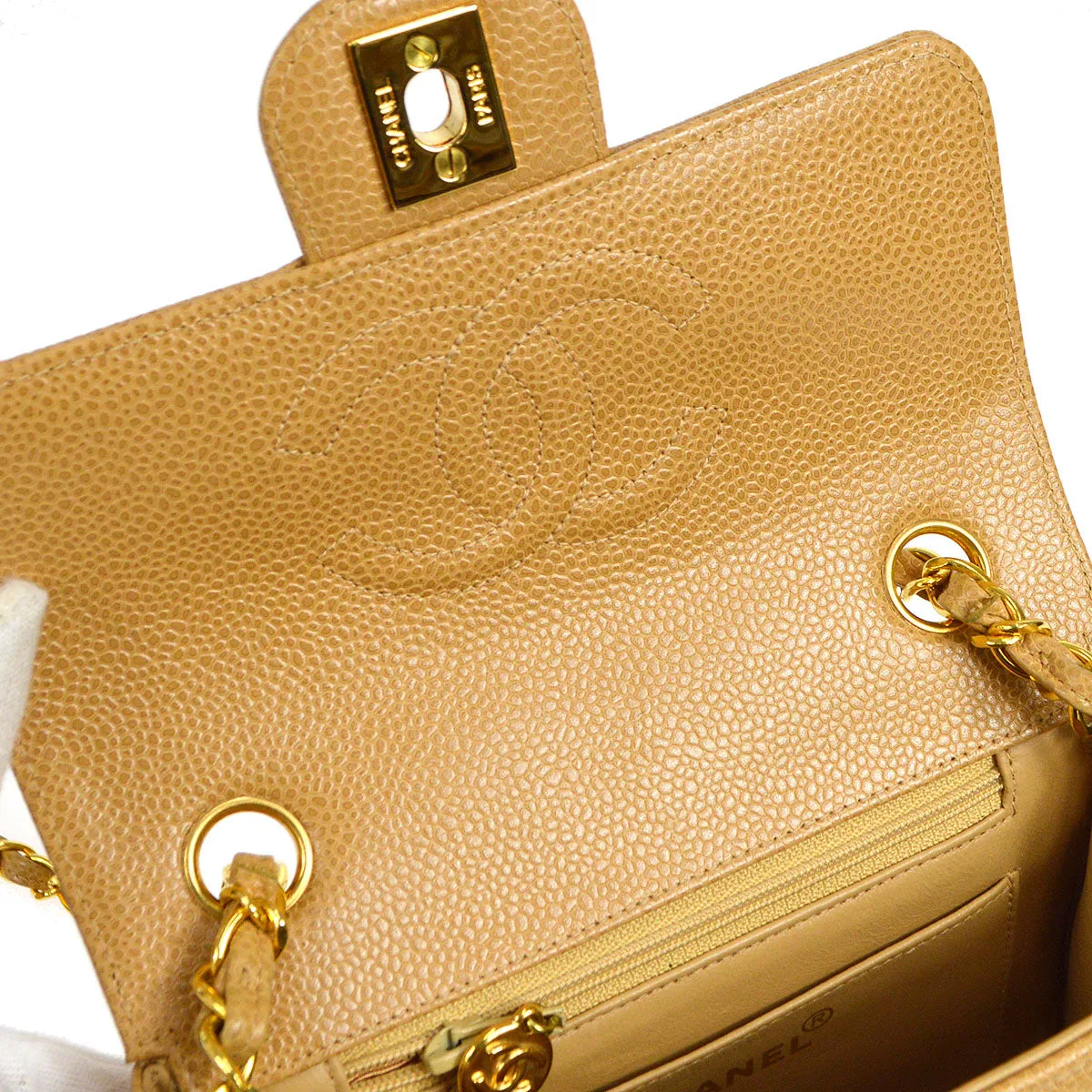 CHANEL 1994-1996 Horizontal Stitch Classic Square Flap Mini 17 Beige Caviar 56420