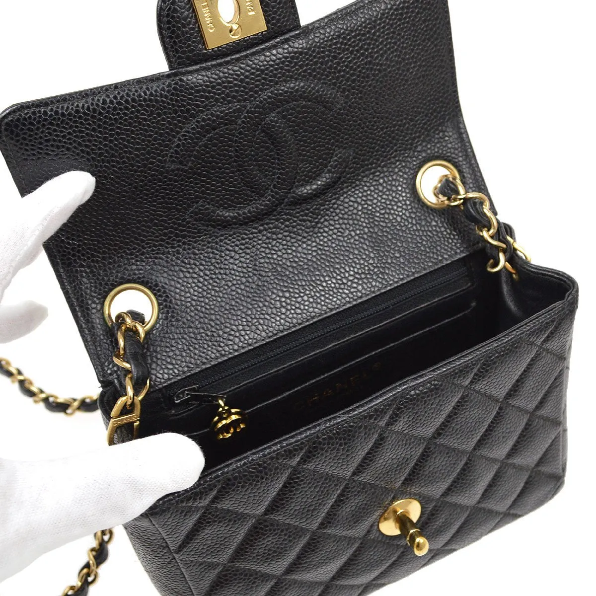 CHANEL 2001-2003 Classic Square Flap 17 Black Caviar 90294