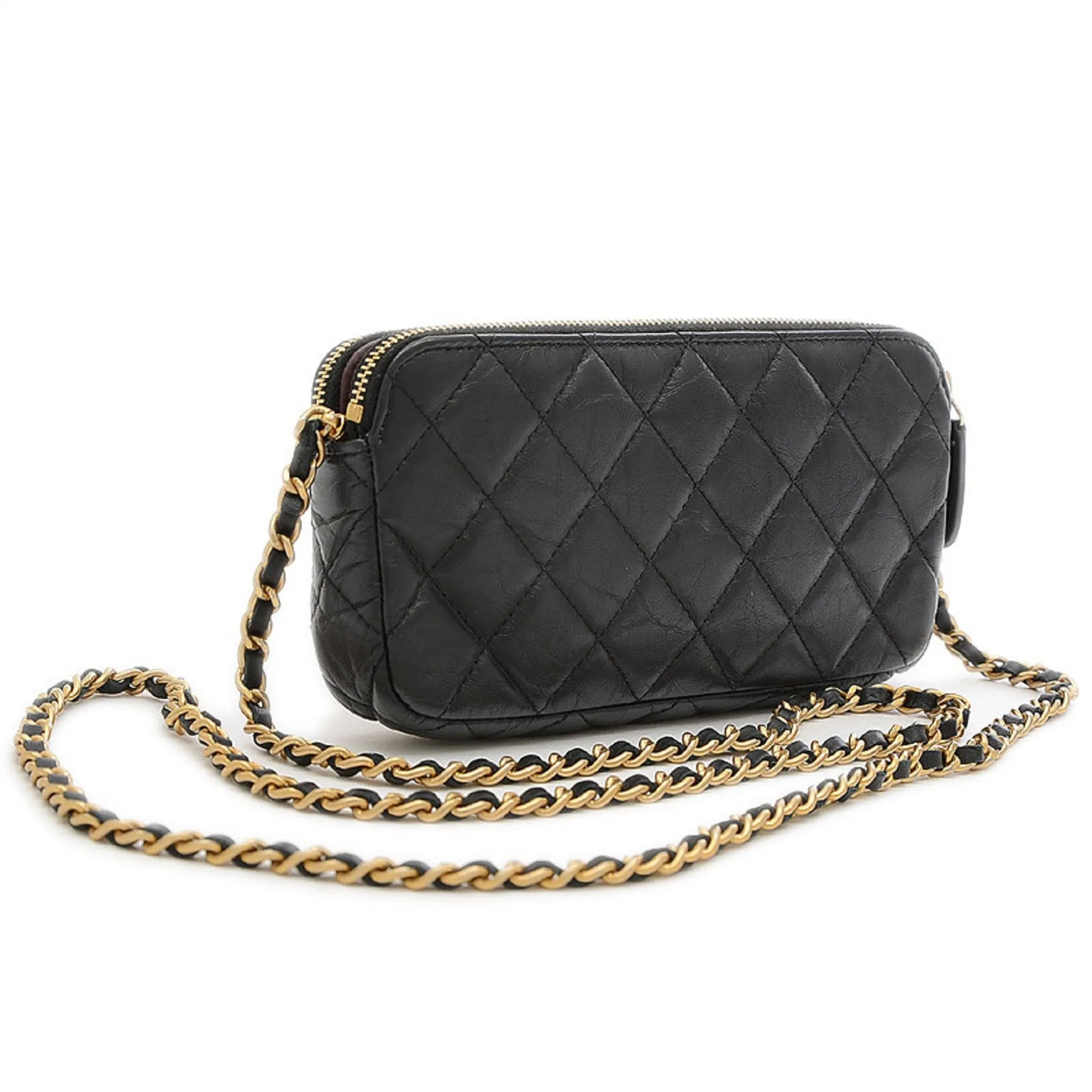 Chanel 2.55 Embroidered Chain Clutch Shoulder Bag Leather Black