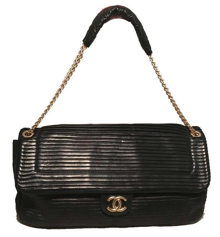 Chanel Black Pleated Leather Classic Flap Shoulder Bag