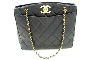 CHANEL Caviar Large Chain Shoulder Bag Black Quilted Leather