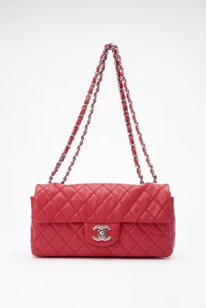 Chanel Red Caviar Leather Single Flap With Silver Hardware