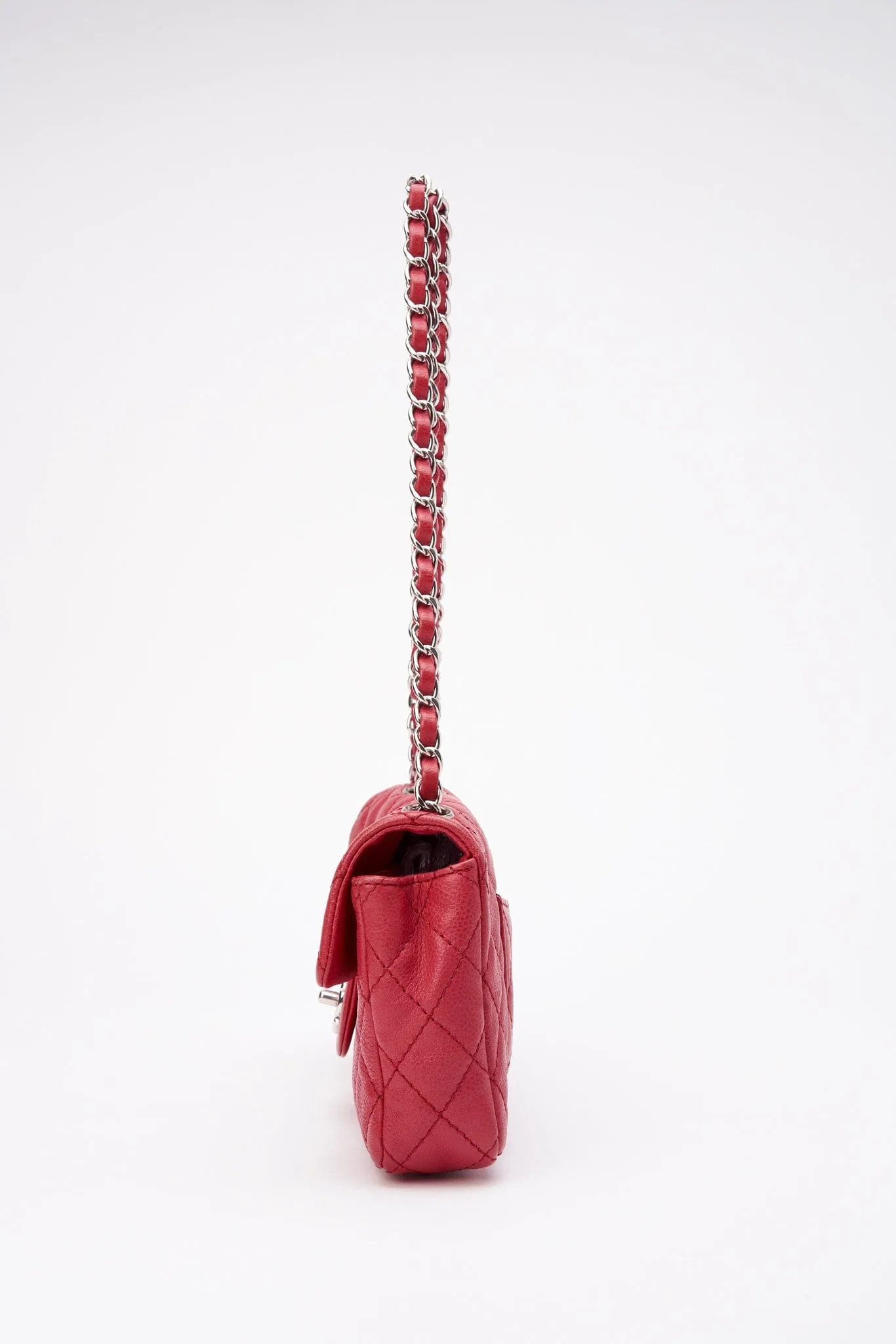 Chanel Red Caviar Leather Single Flap With Silver Hardware