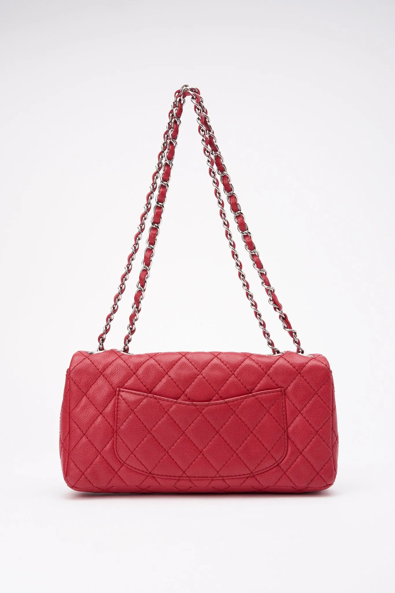 Chanel Red Caviar Leather Single Flap With Silver Hardware