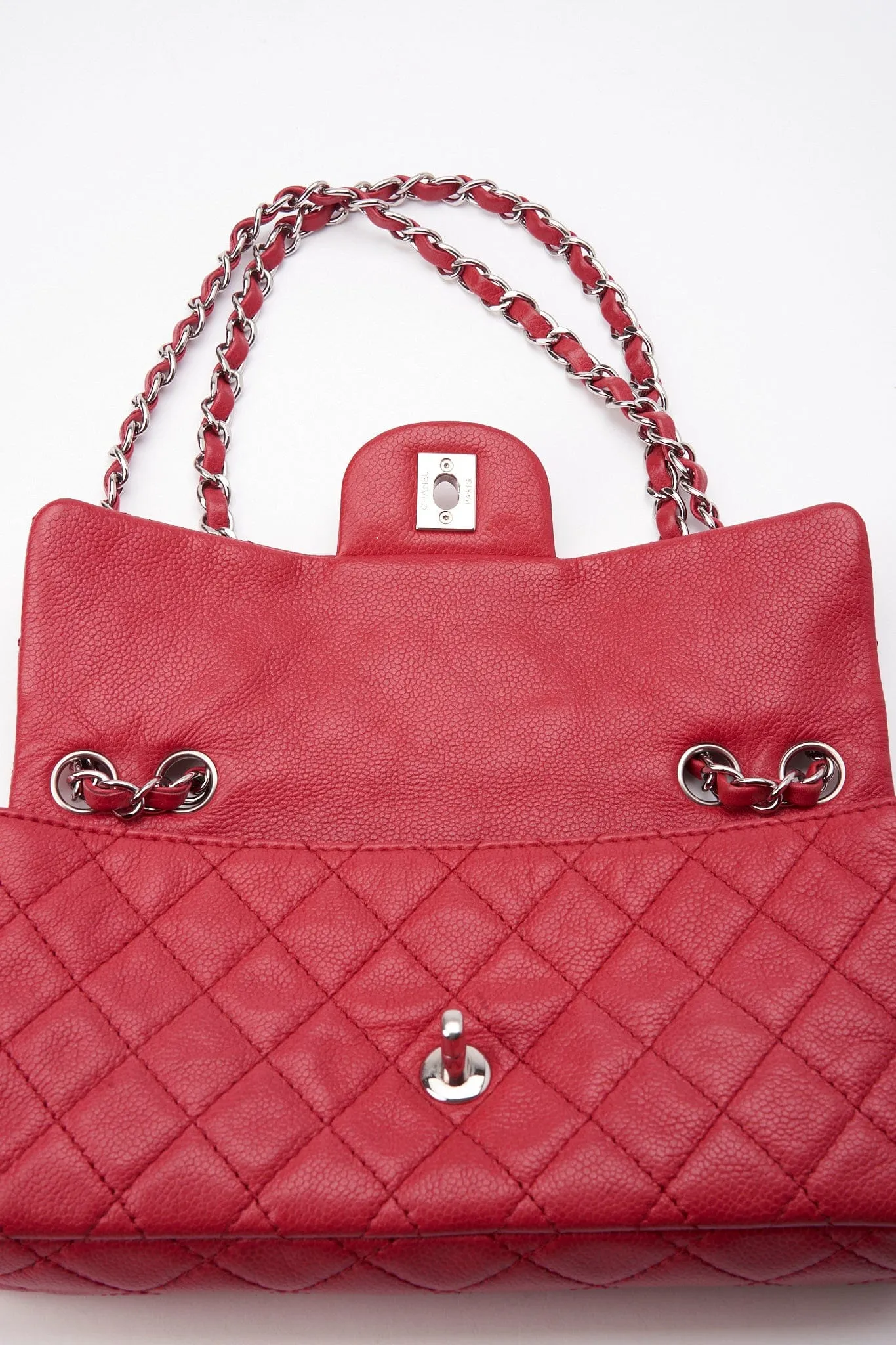 Chanel Red Caviar Leather Single Flap With Silver Hardware