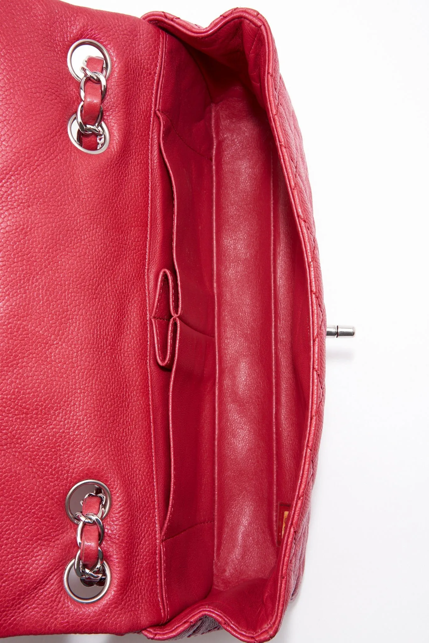 Chanel Red Caviar Leather Single Flap With Silver Hardware