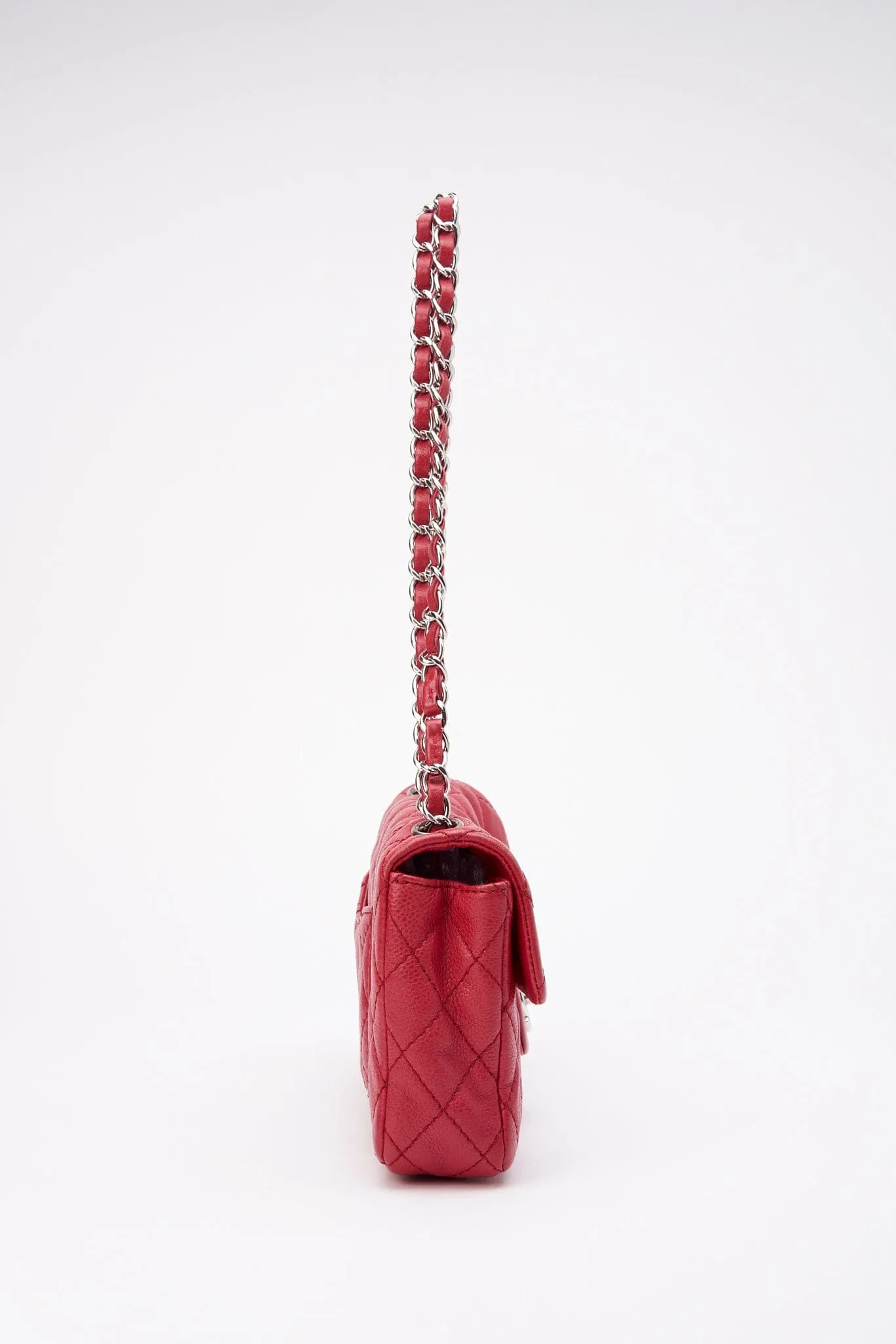 Chanel Red Caviar Leather Single Flap With Silver Hardware