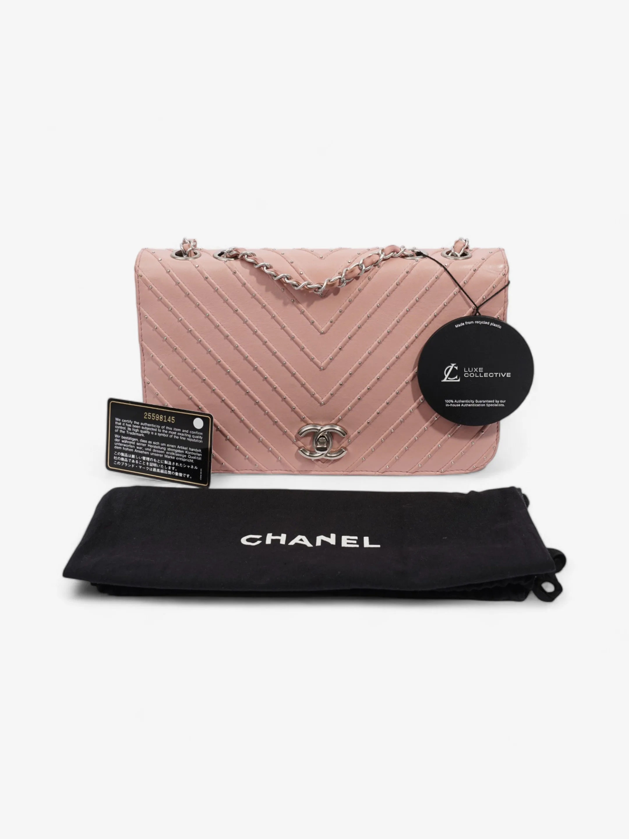 Chanel Studded Chevron Quilted Flap Pink Calfskin Leather