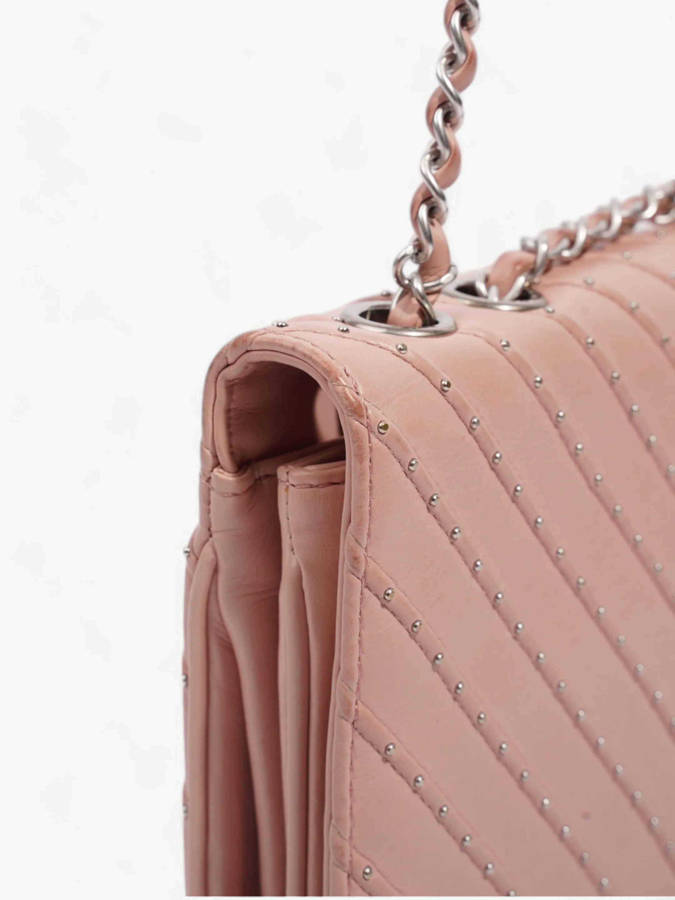 Chanel Studded Chevron Quilted Flap Pink Calfskin Leather