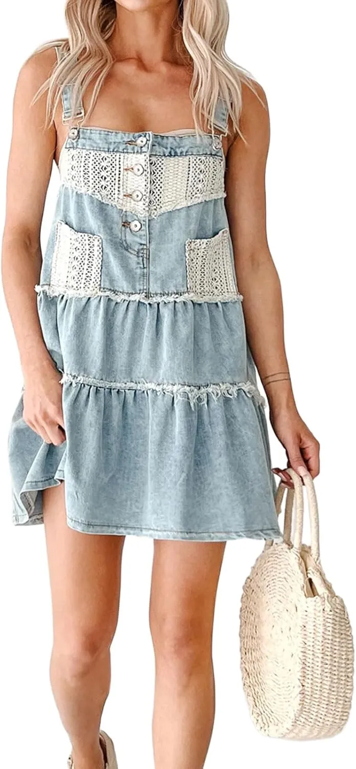 CHARTOU Women Adjustable Strap Crochet Short Denim Overall Dress Loose Tiered Patchwork Frayed Jean Dress