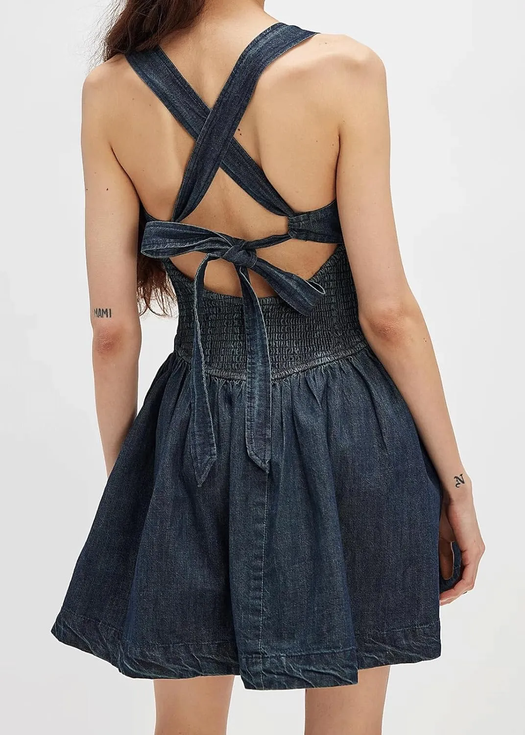 CHARTOU Women Halter Backless Short Denim Dress Sleeveless Pleated Lace Up Corset Drop Waist Jean Dress