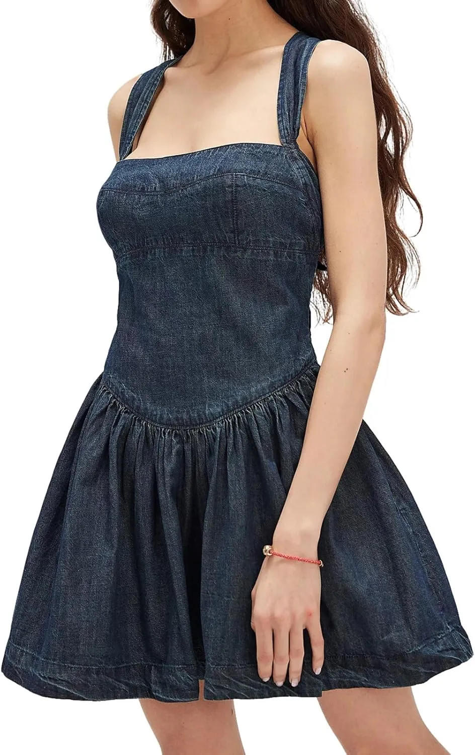 CHARTOU Women Halter Backless Short Denim Dress Sleeveless Pleated Lace Up Corset Drop Waist Jean Dress