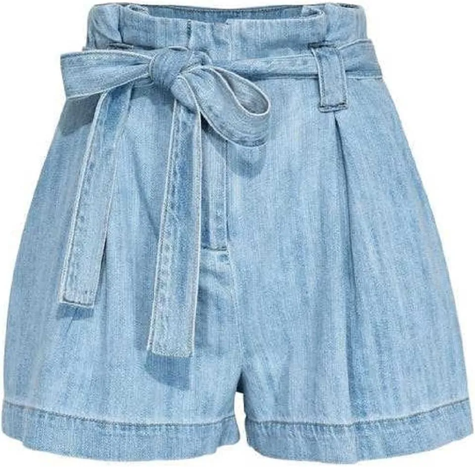 CHARTOU Women's Causal Paper Bag Waist Self-Tie Belt Wide Leg Loose Fit Denim Shorts