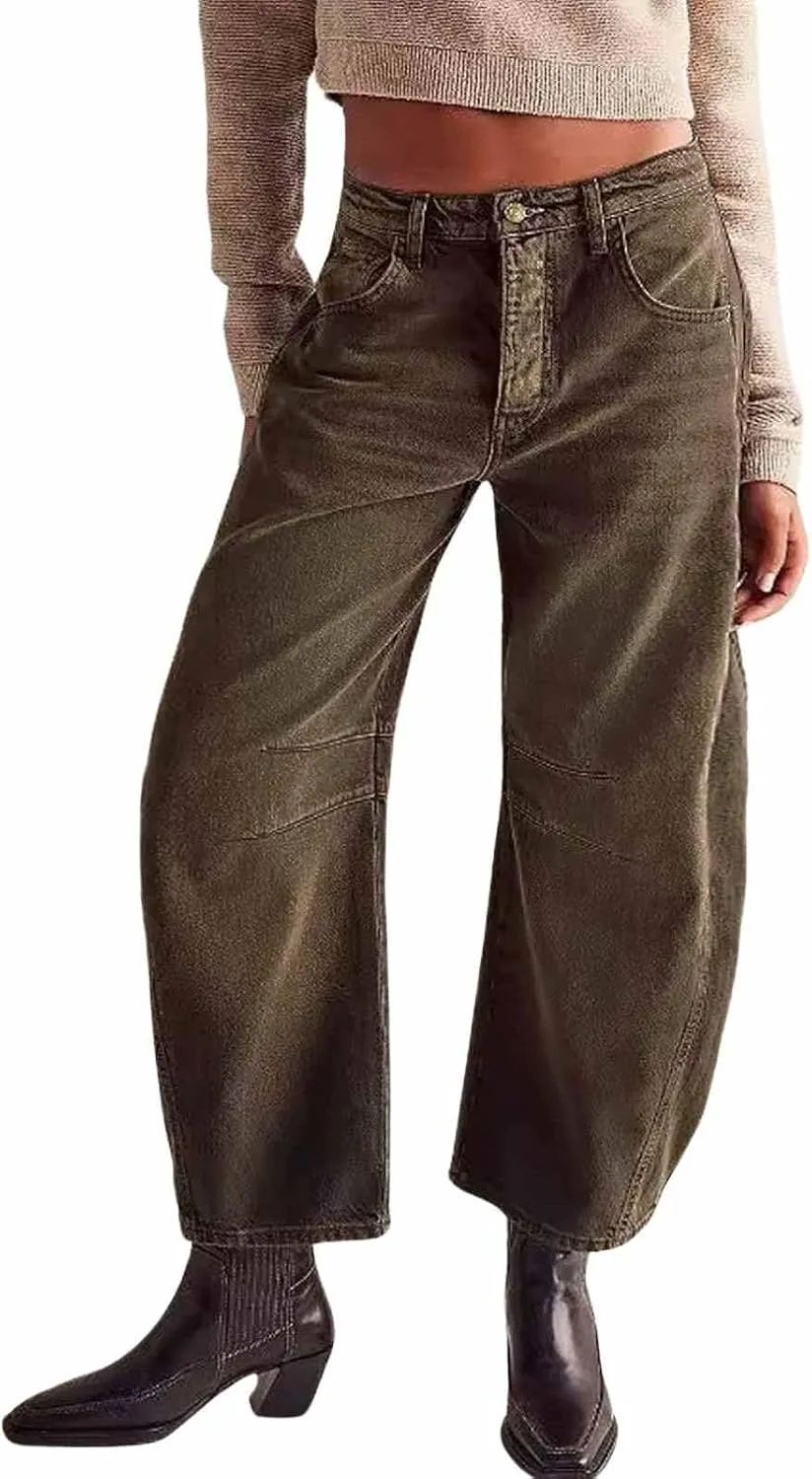 CHARTOU Women's Wide Leg Cropped Baggy Y2k Mid Rise Jeans - Boyfriend Harem Denim Pants