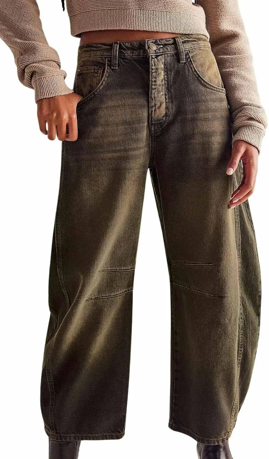 CHARTOU Women's Wide Leg Cropped Baggy Y2k Mid Rise Jeans - Boyfriend Harem Denim Pants