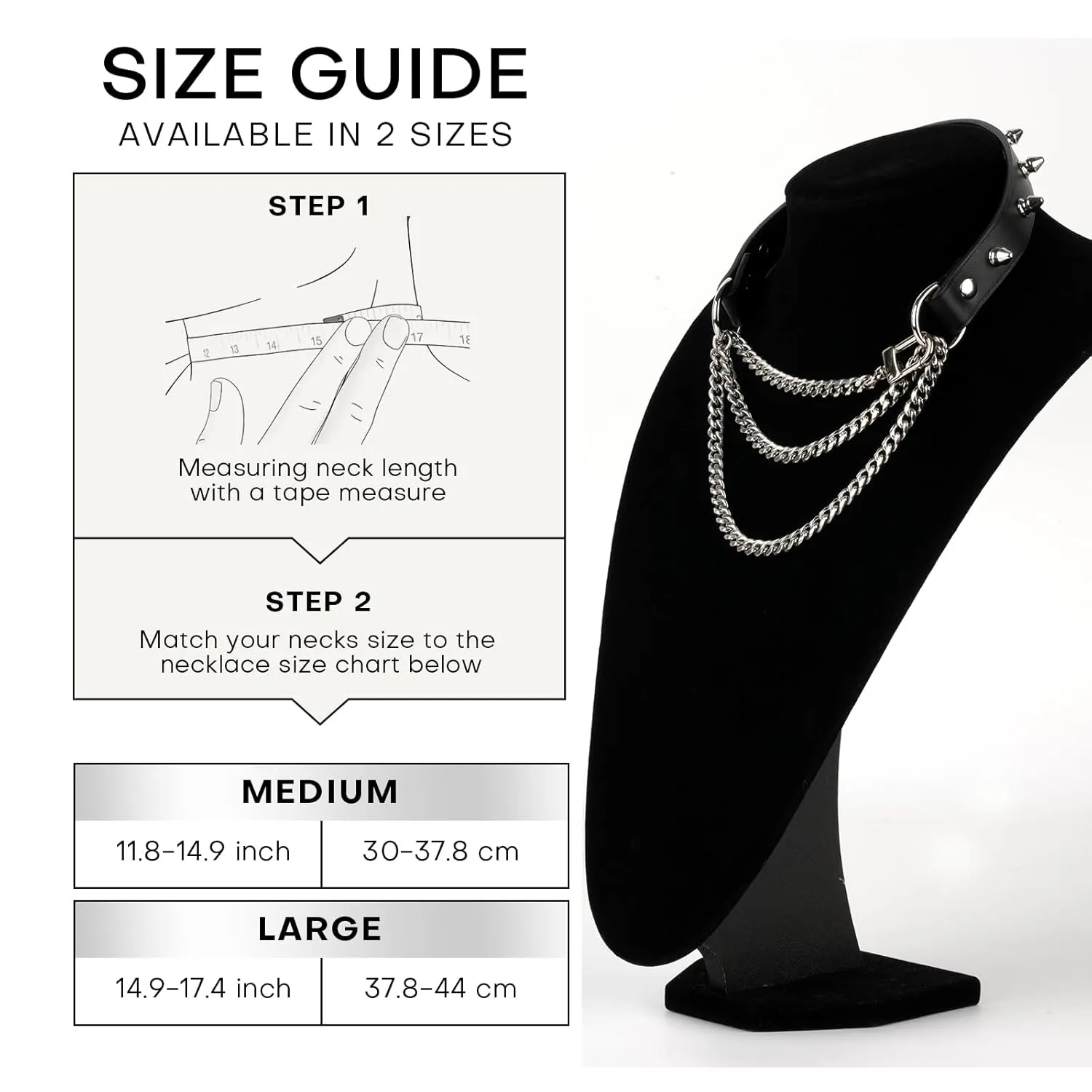 CHIC CHOK Spiked Breathless Handmade Cowhide Leather Collar with Metal Chain and Spikes (silver, M)