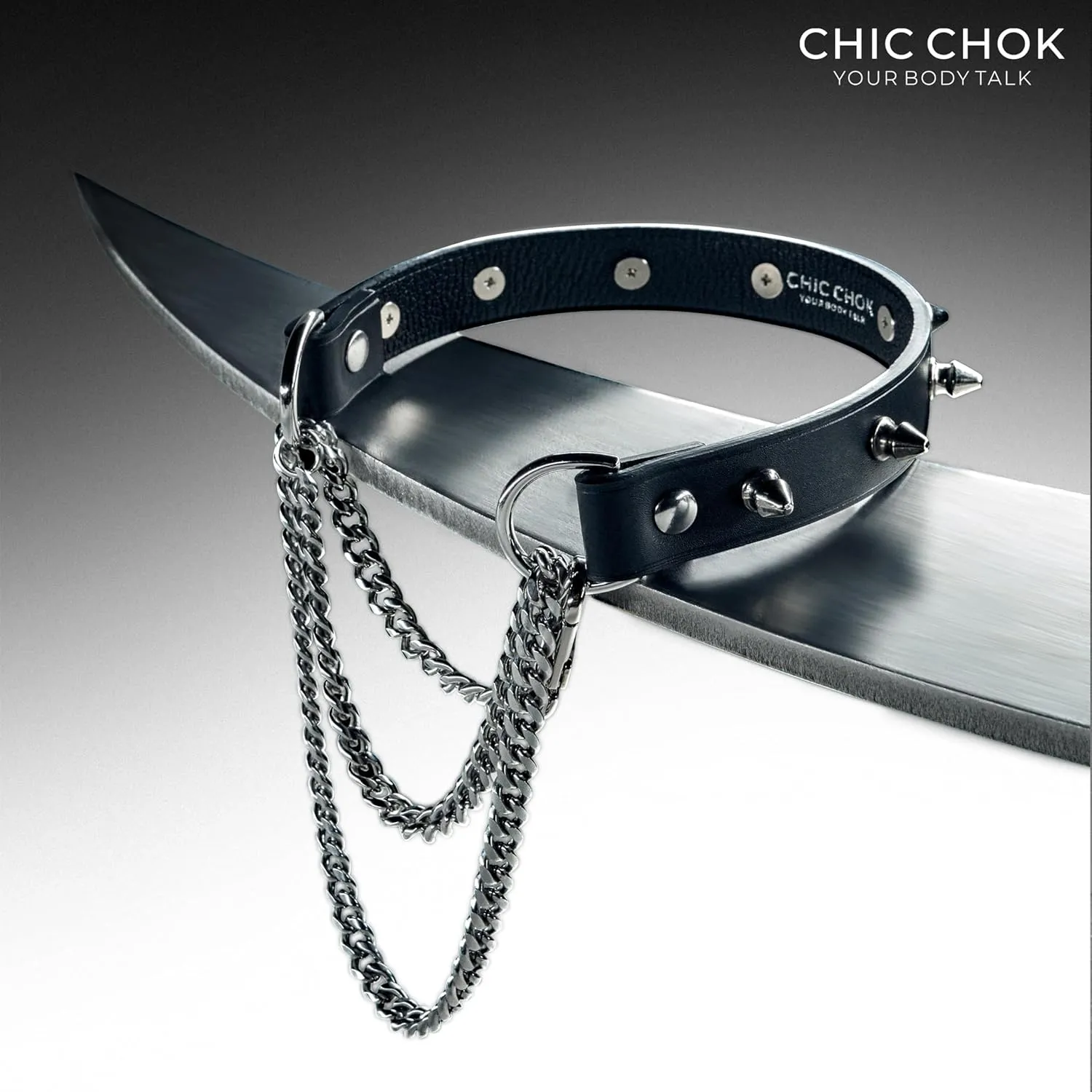 CHIC CHOK Spiked Breathless Handmade Cowhide Leather Collar with Metal Chain and Spikes (silver, M)