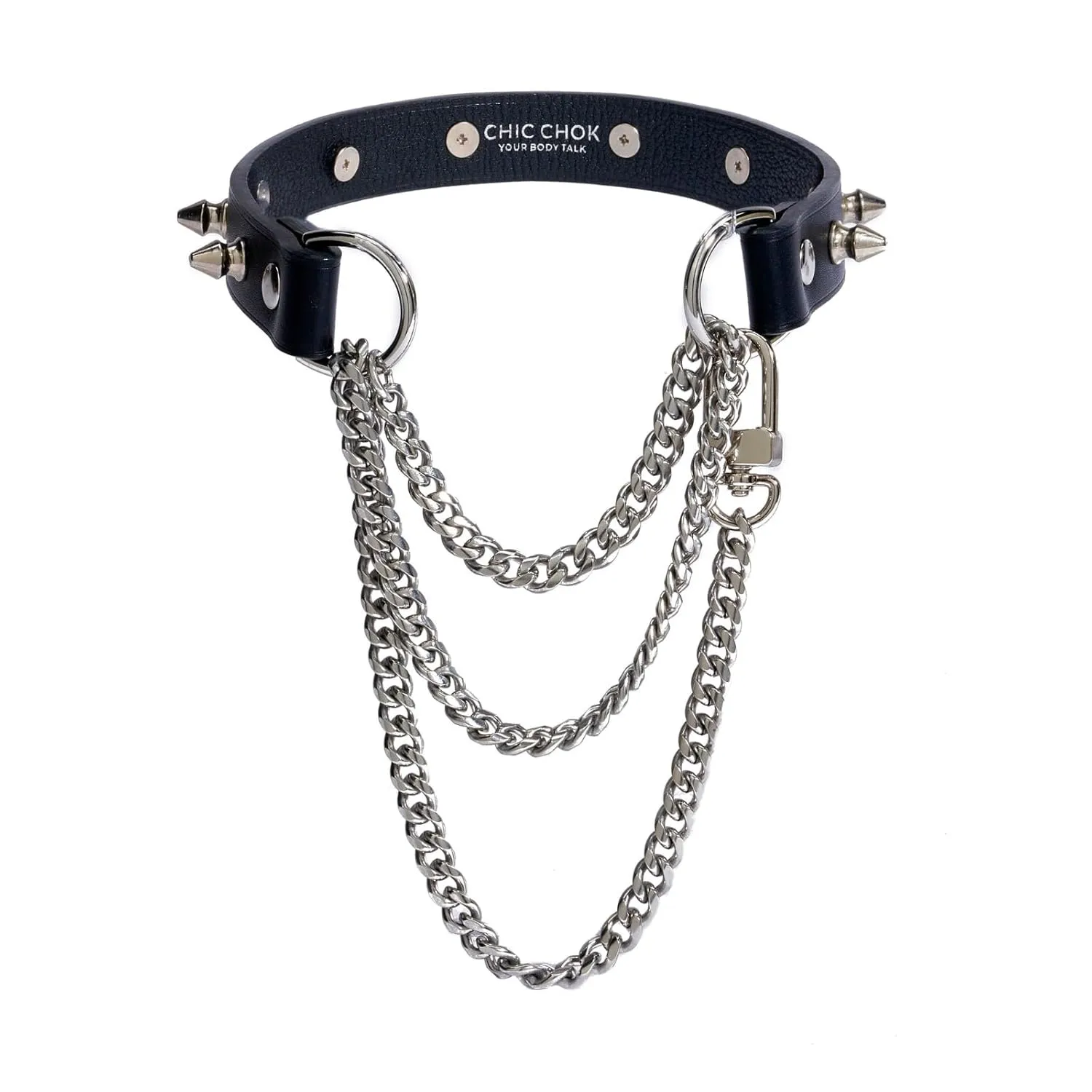 CHIC CHOK Spiked Breathless Handmade Cowhide Leather Collar with Metal Chain and Spikes (silver, M)