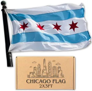 Chicago Flag - 2x3 Foot Outdoor Nylon Banner with Embroidered Stars Double Stitched Sewn Stripes, Brass grommets and Vibrant UV Protected Color - Decal Included