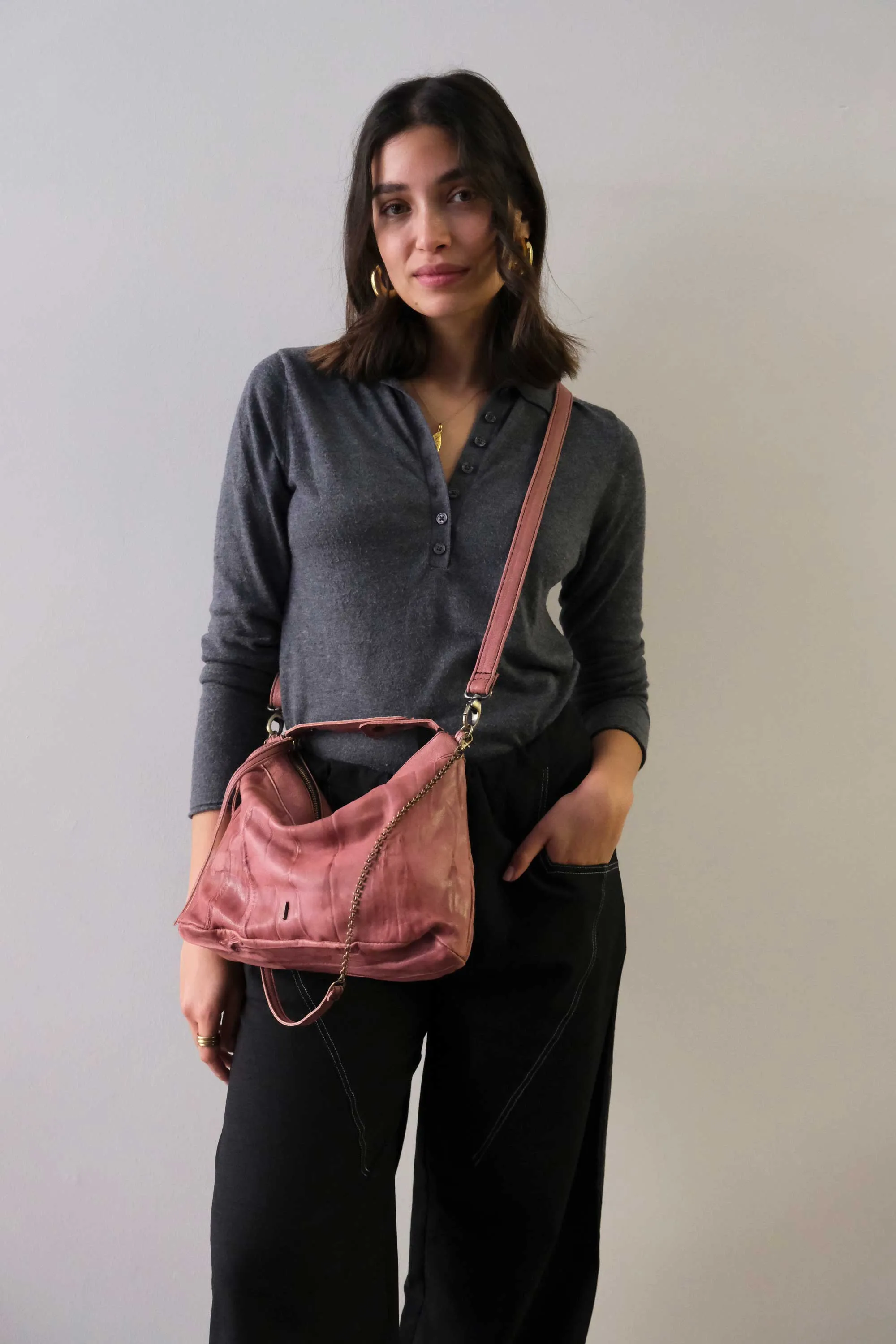 Chicca Media hobo bag in mauve lomé nappa - Made in Italy -