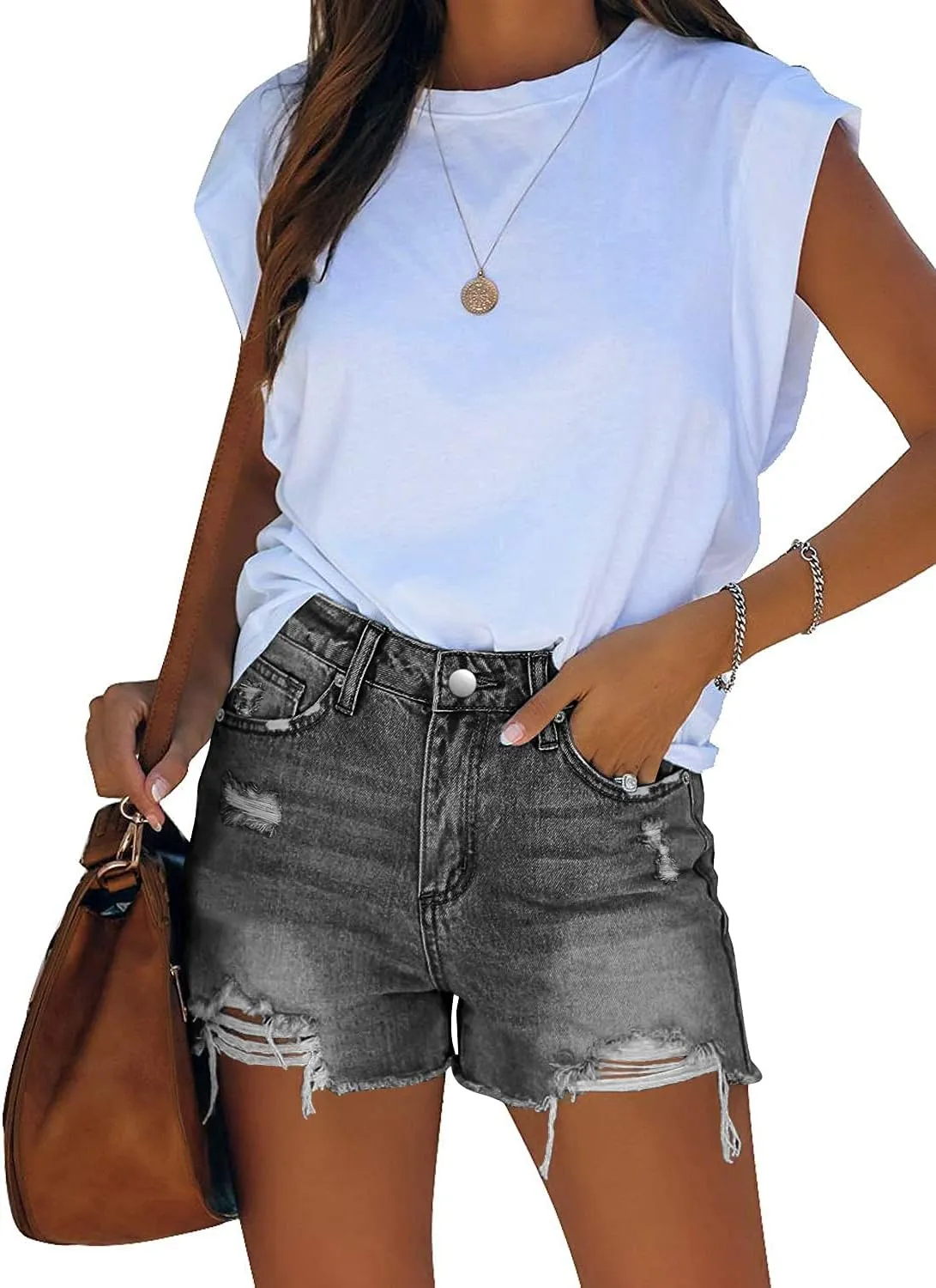 CHICZONE Womens Mid-High Waisted Ripped Denim Jean Shorts Cutoff Stretchy Summer Hot Short Pants