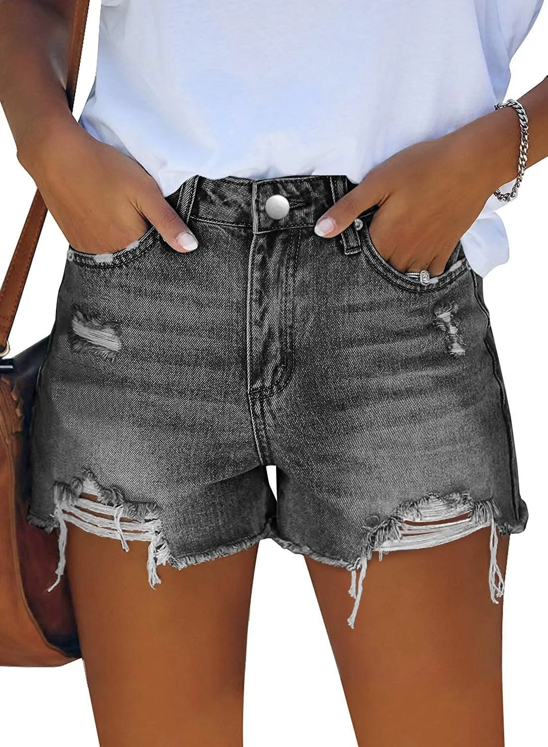CHICZONE Womens Mid-High Waisted Ripped Denim Jean Shorts Cutoff Stretchy Summer Hot Short Pants