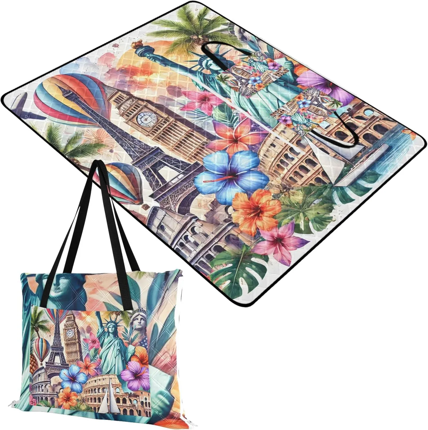 CHIFIGNO Colorful Travel Landmark Art Sand Proof Beach Blanket Waterproof, Floral Grass Mats for Camping Cute Picnic Essentials Foldable, 80" x 60"